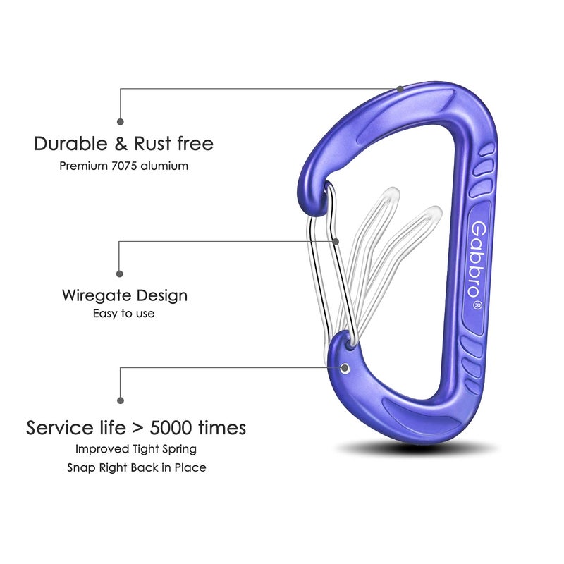 Gabbro Carabiner Clips Heavy Duty 12kN (2697 lbs), | 3.2 Inch, Aluminum, Wiregate Snap, Lightweight, 4 Pack | for Hammock, Hiking, Camping, Water Bottle, Dog Leash Harness, Keychains - Purple - Image 5
